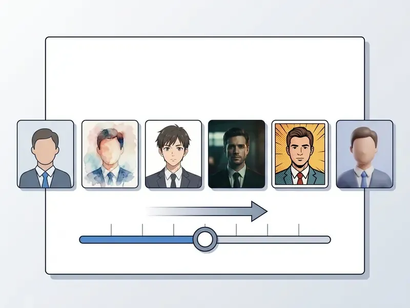 Interactive slider interface showing a corporate portrait transformed into six distinct artistic styles