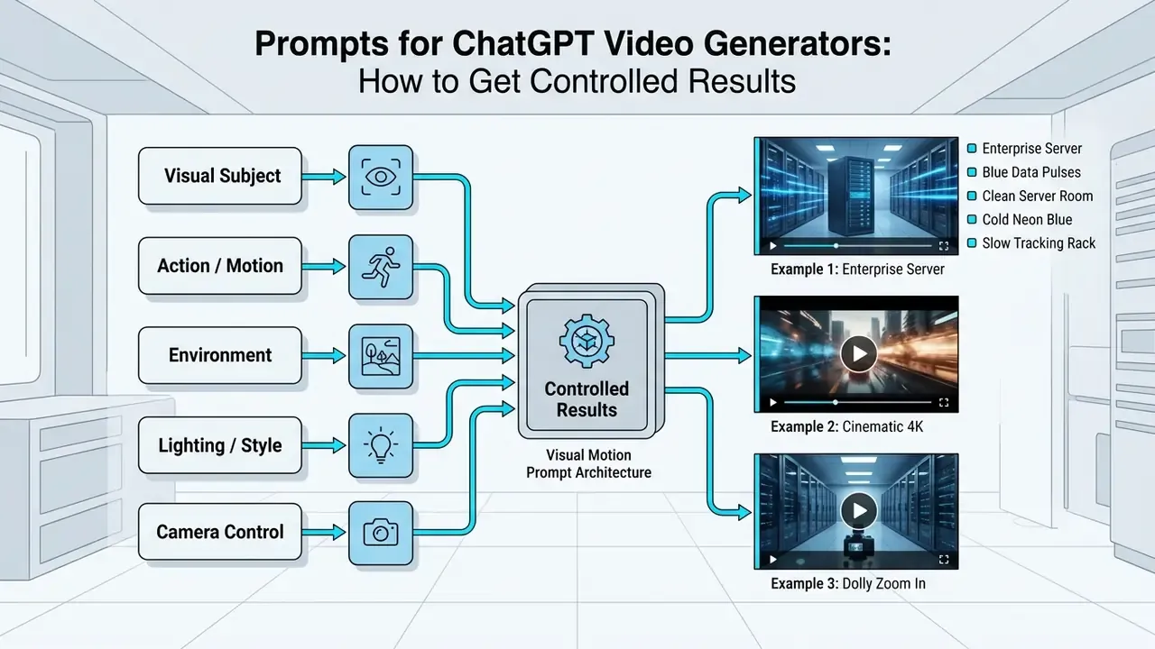Visual Motion Prompt Architecture framework mapping prompt components to synthesized video examples