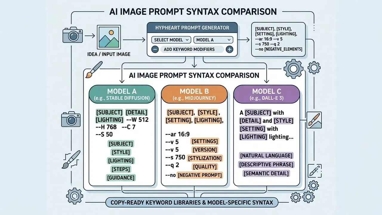 Infographic comparing specific prompt syntax requirements for three different generative AI models