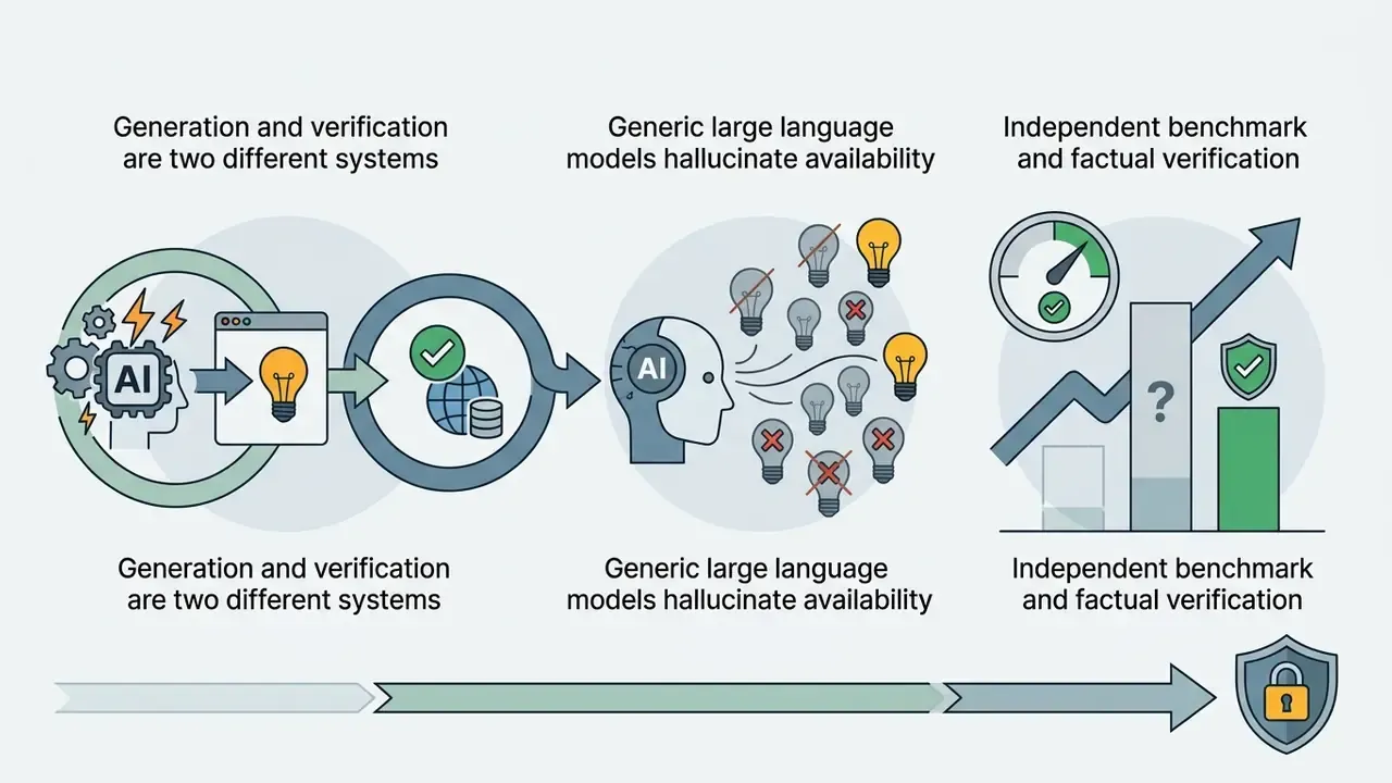 Three-part sequence showing AI domain name generator processes, hallucination risks, and verification
