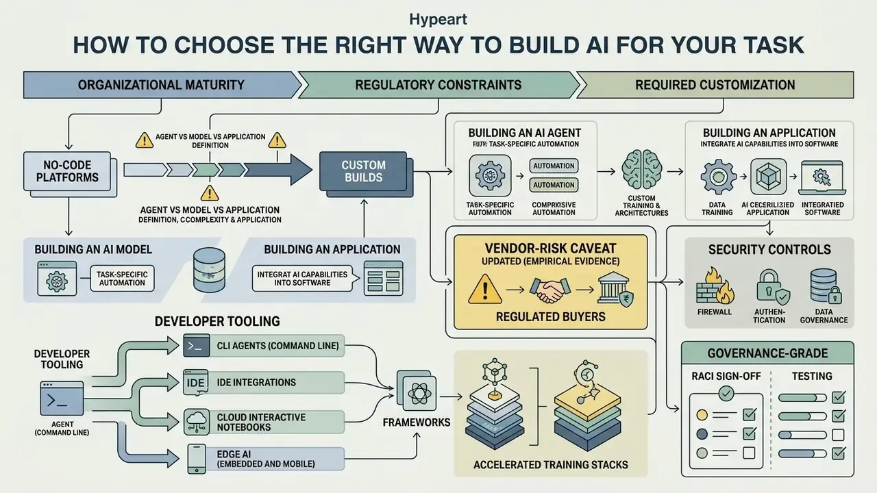 Decision matrix mapping organizational maturity and regulatory constraints to AI development options