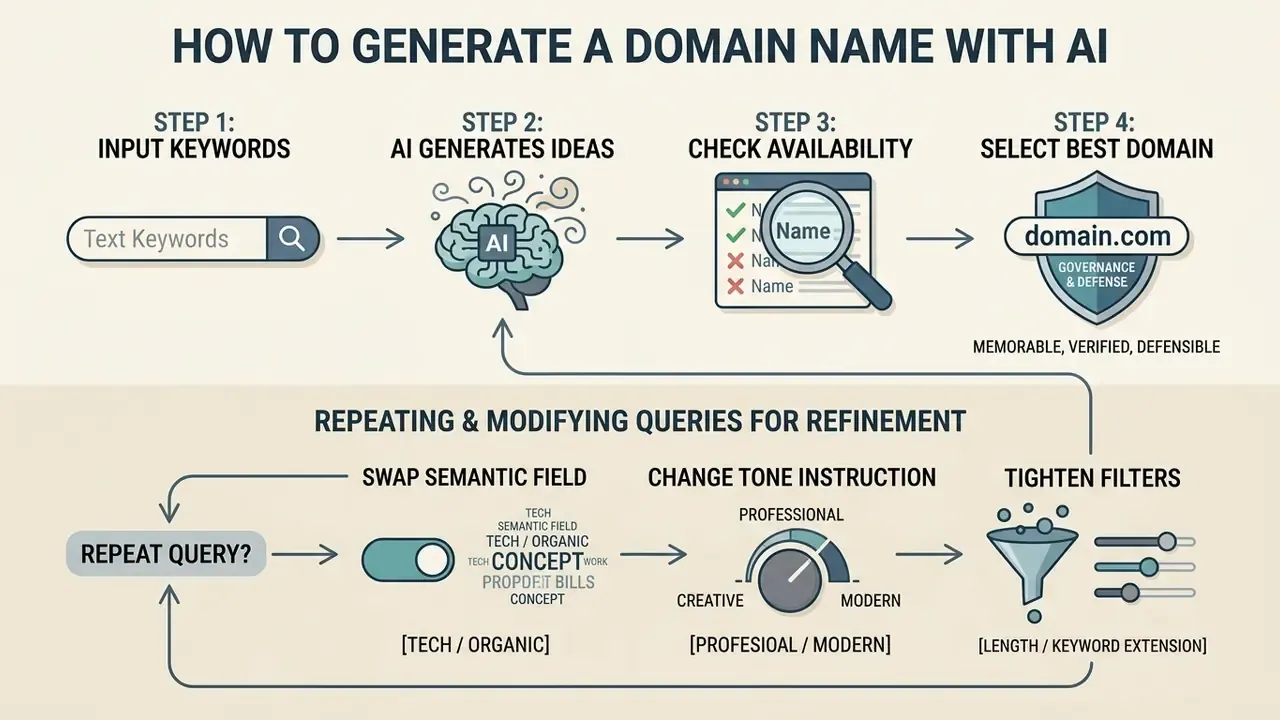 Four-step process for using an AI domain name generator with a secondary loop for refining search results