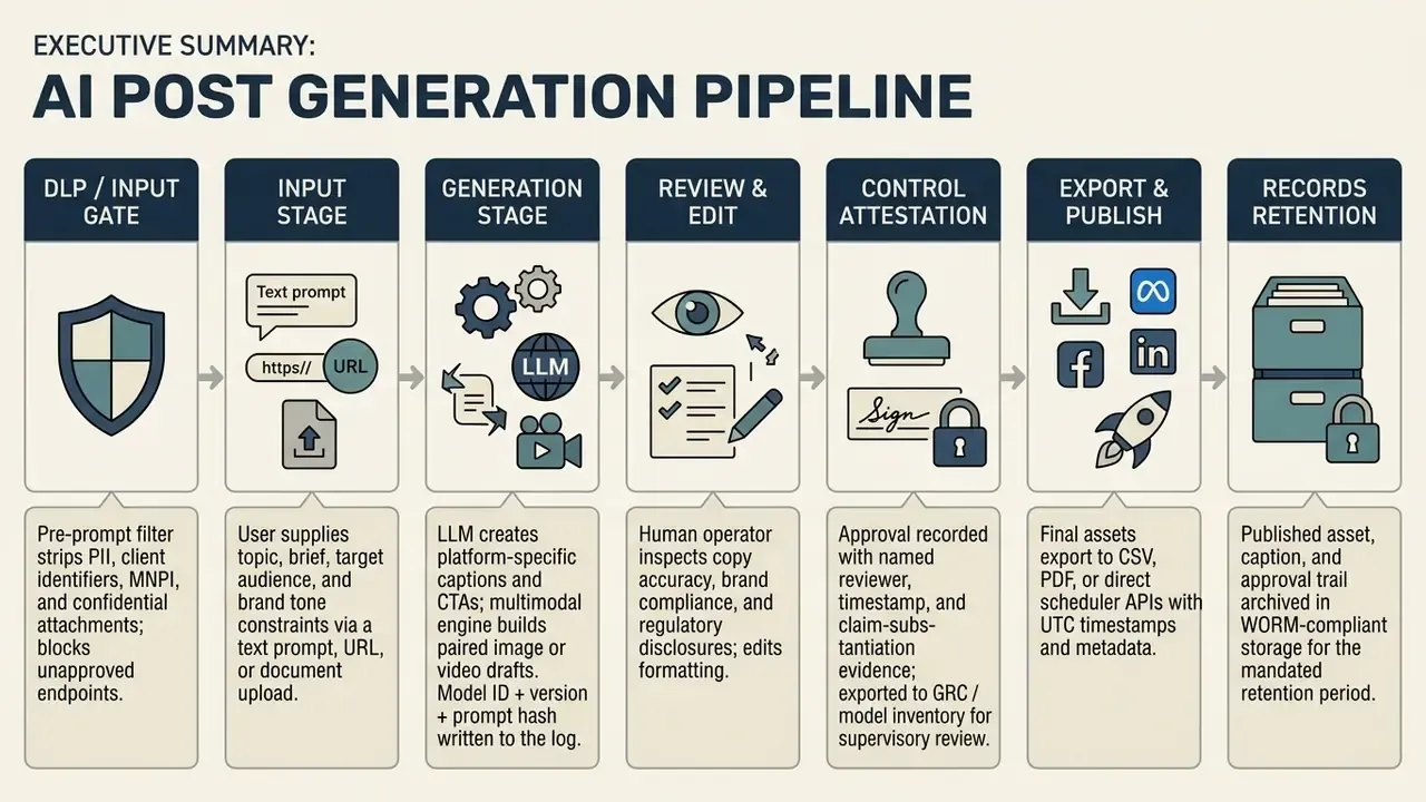 Flowchart showing the seven stages of an AI social media post generator pipeline from input to storage