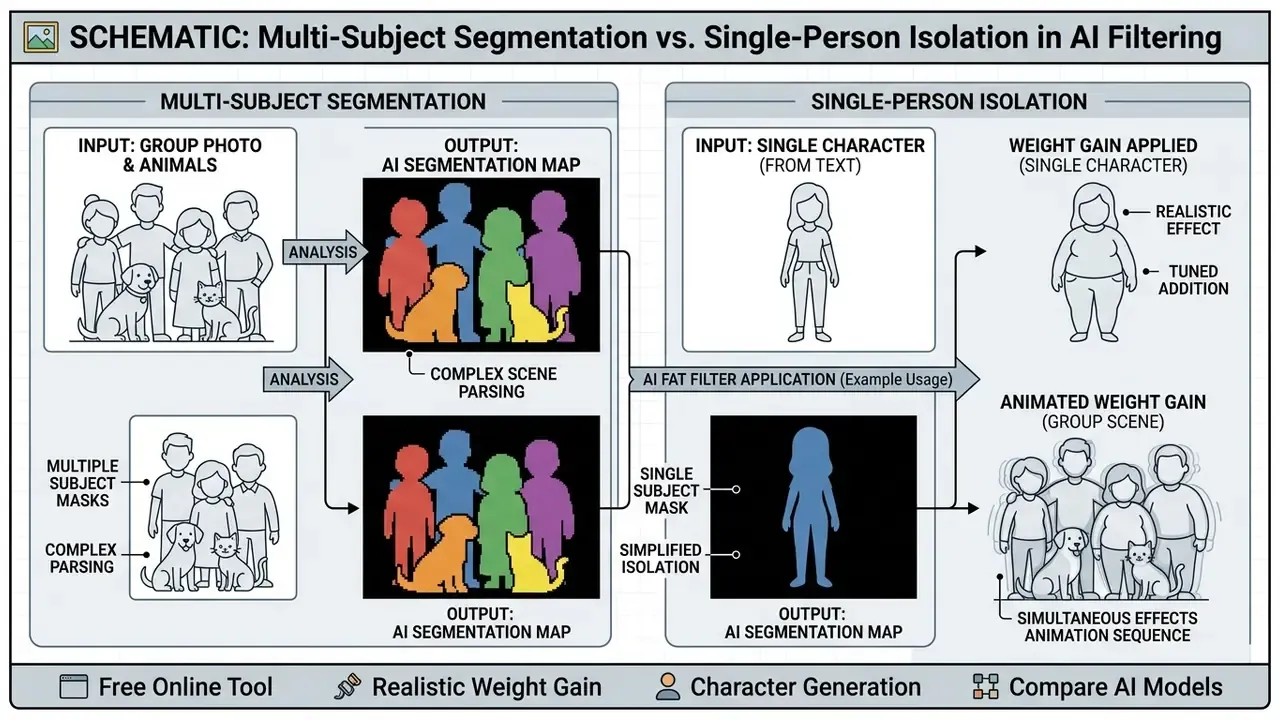 Technical diagram contrasting group segmentation workflows with individual character body modification