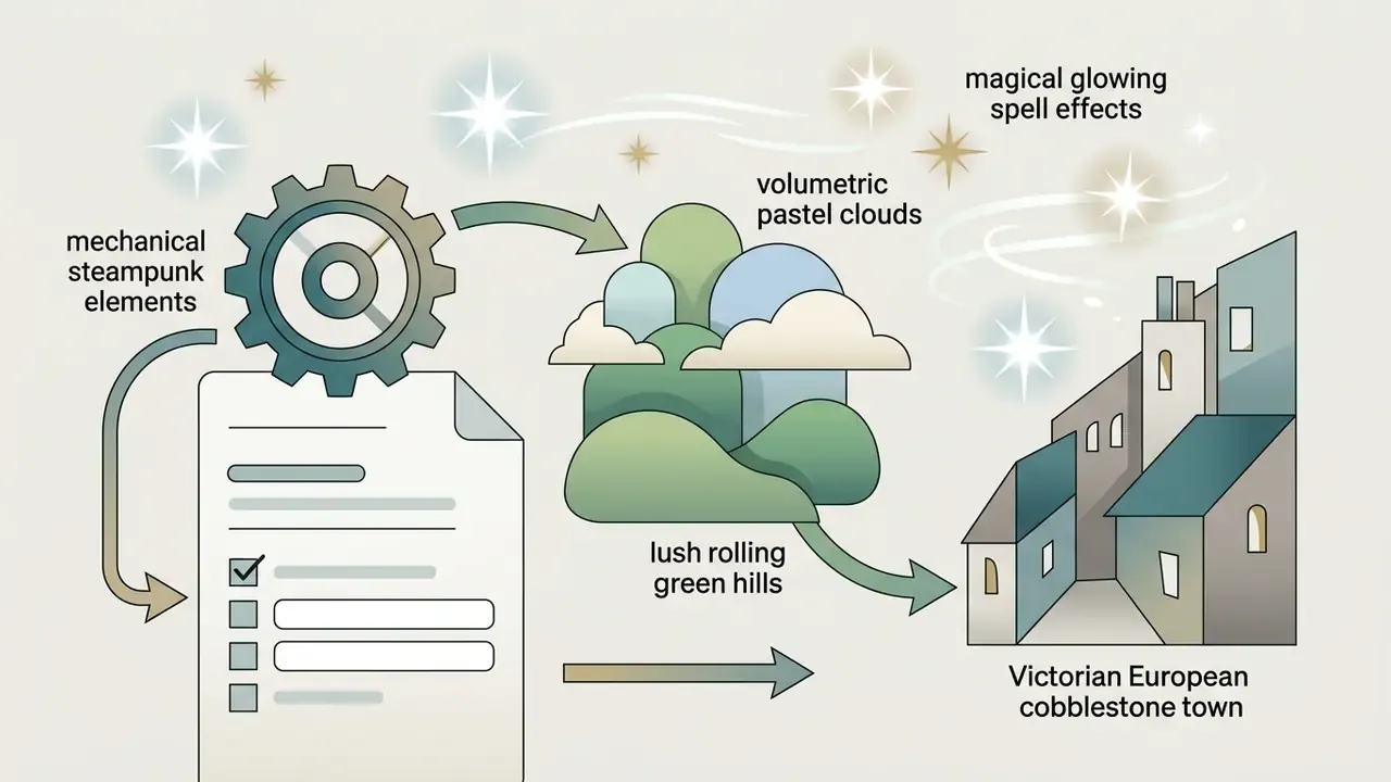 Mechanical gear and checklist connecting to rolling hills, clouds, and a cobblestone town with magic effects