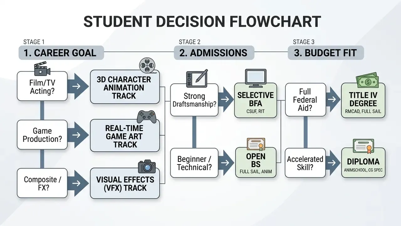 Decision path mapping career goals and admissions criteria to specific academic program tracks and budgets