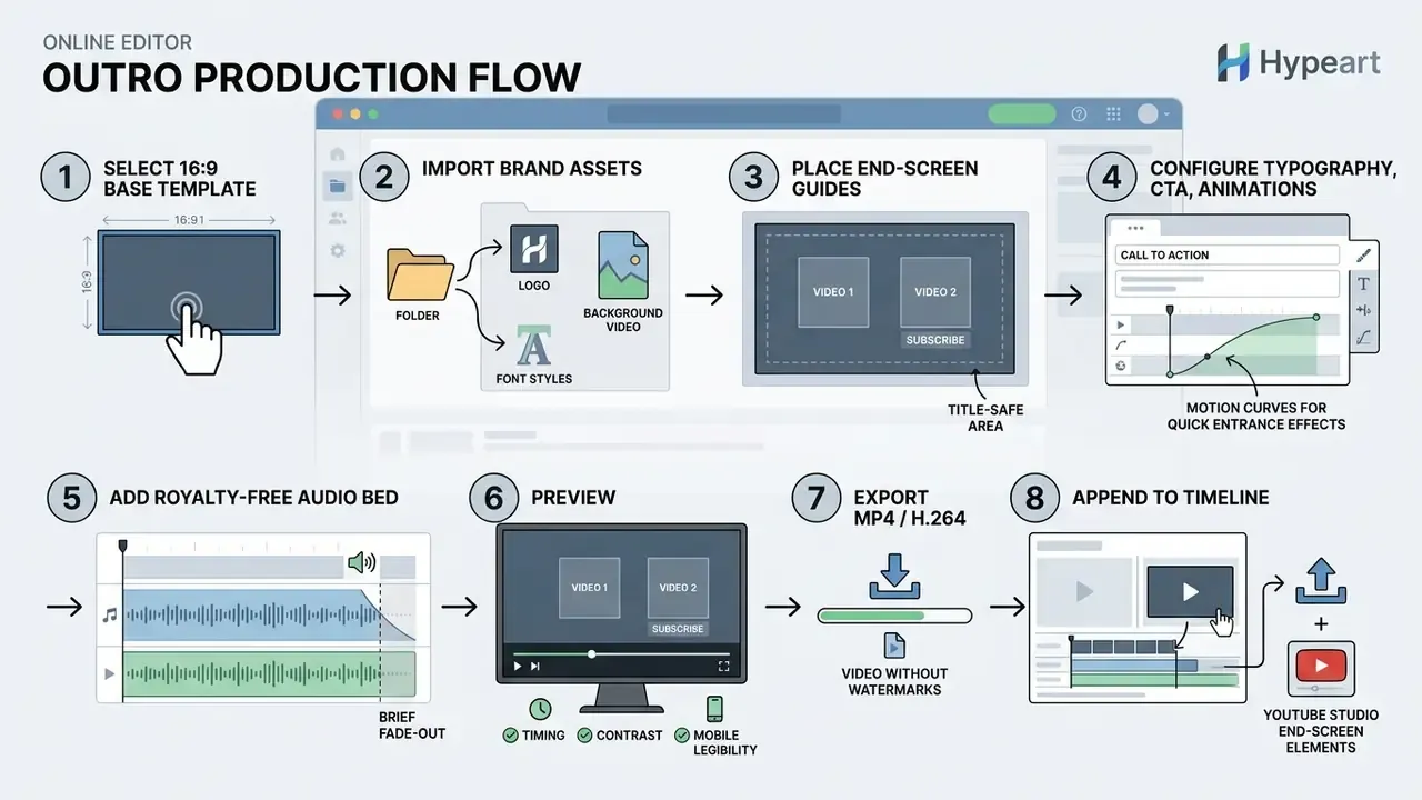 Step-by-step sequence illustrating the production workflow for creating video end screens