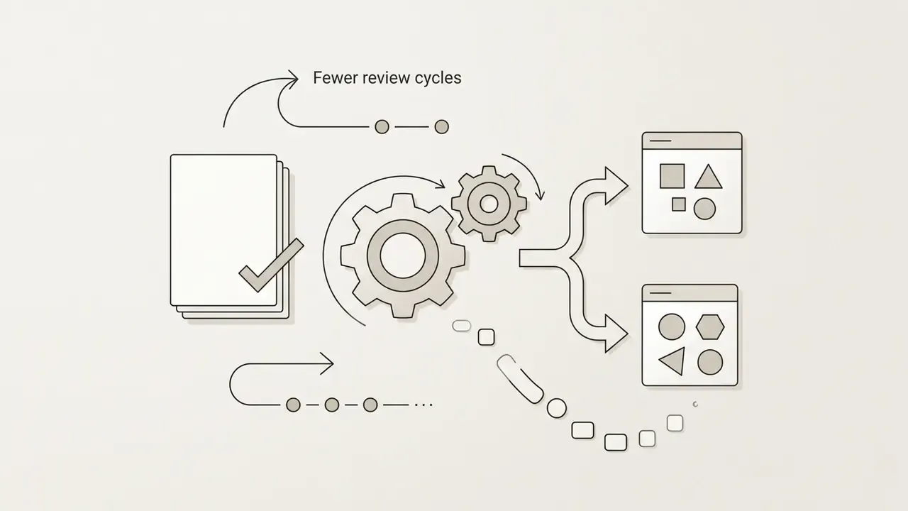 Stack of papers with a checkmark moving through gears to populate two separate digital interface windows