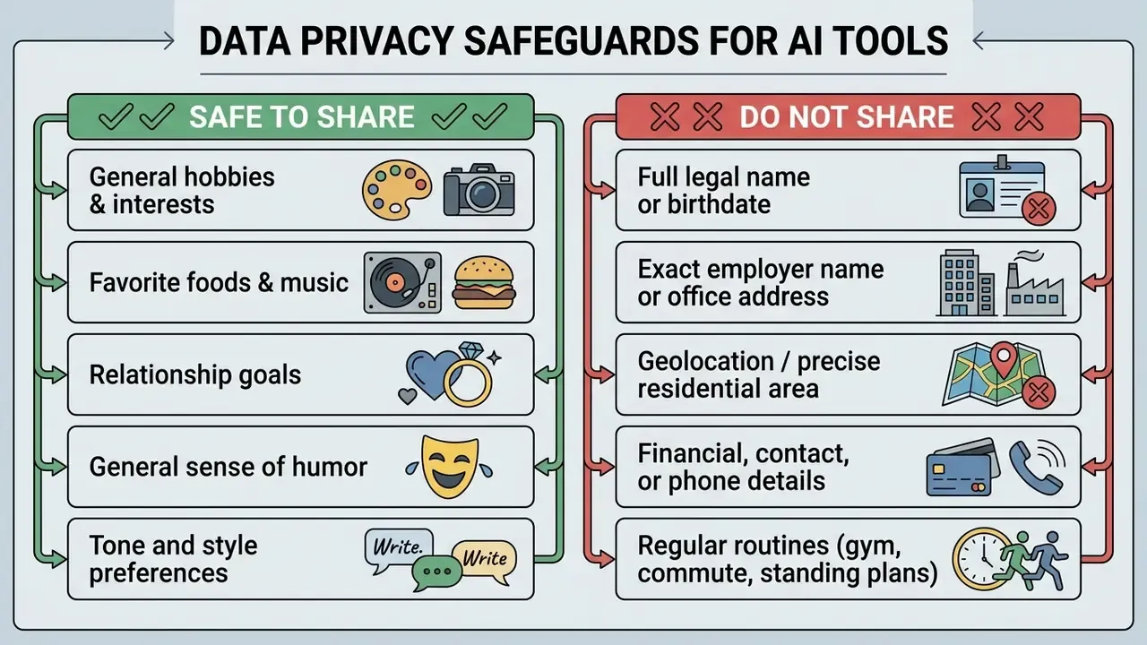 Comparison list categorizing personal information as safe or unsafe to share with AI tools