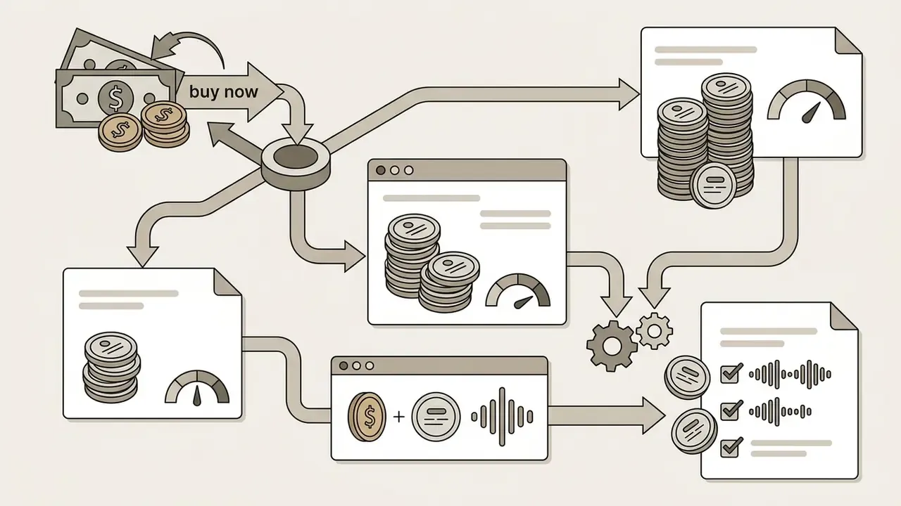 Flowchart showing the purchase of credit packs to unlock audio generation and file management features