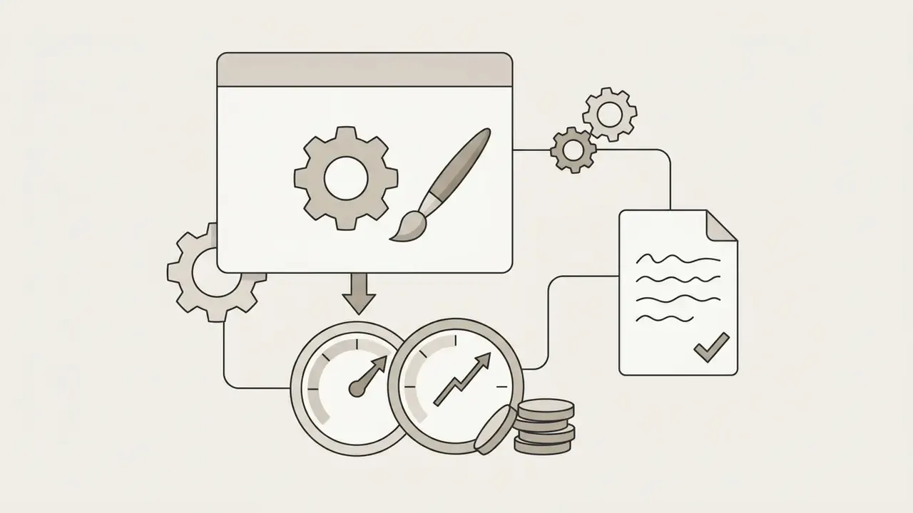 Artistic screen with gear and brush icons connected to speed gauges and a document with a checkmark