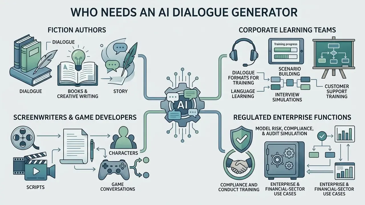Infographic showing four sectors that utilize automated conversation tools for creative and professional tasks