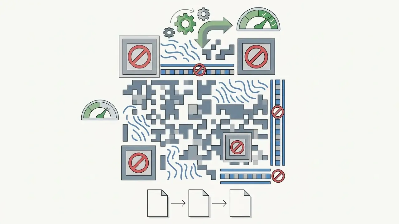 QR code with prohibited symbols over corner markers and timing lines near gears and document icons