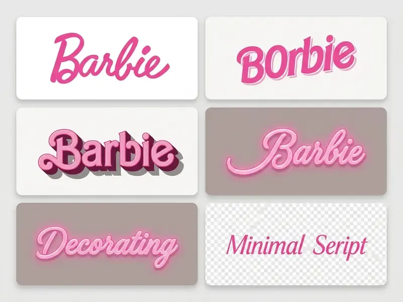 Grid of six cards displaying various pink text styles including cursive, 3D, neon, and minimal designs