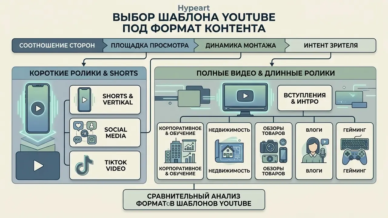 Инфографика с классификацией видеоконтента по форматам, типам площадок и тематическим категориям