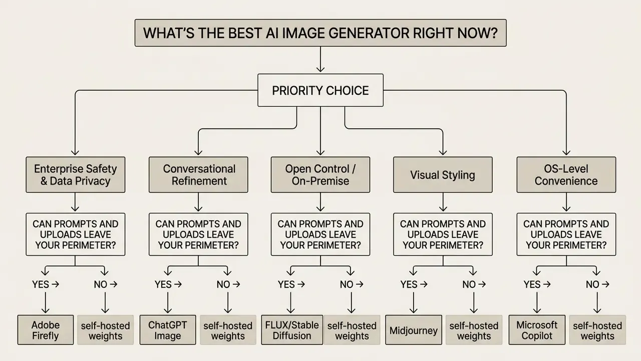 Decision tree flowchart mapping AI image generator selection based on user priorities and data privacy