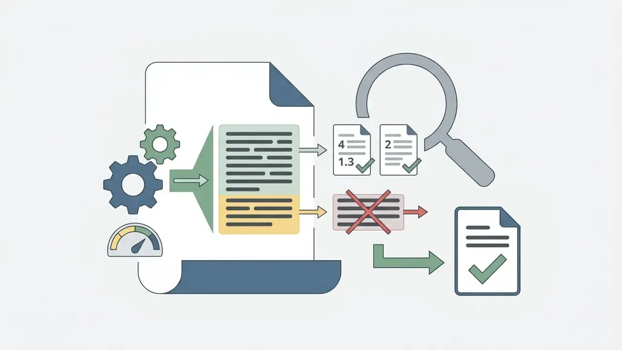 Document processing with gears and a magnifying glass to filter errors and produce a final report
