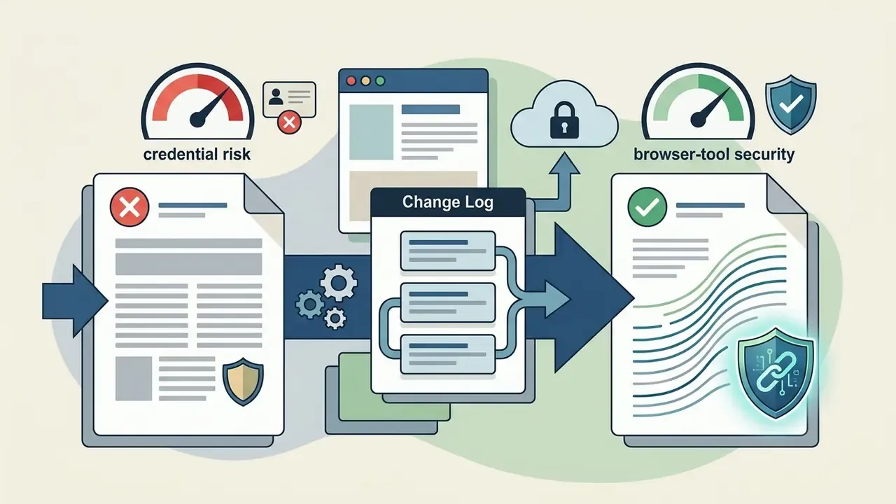 Document with a red X being processed by gears into a new file with a green checkmark and security shield
