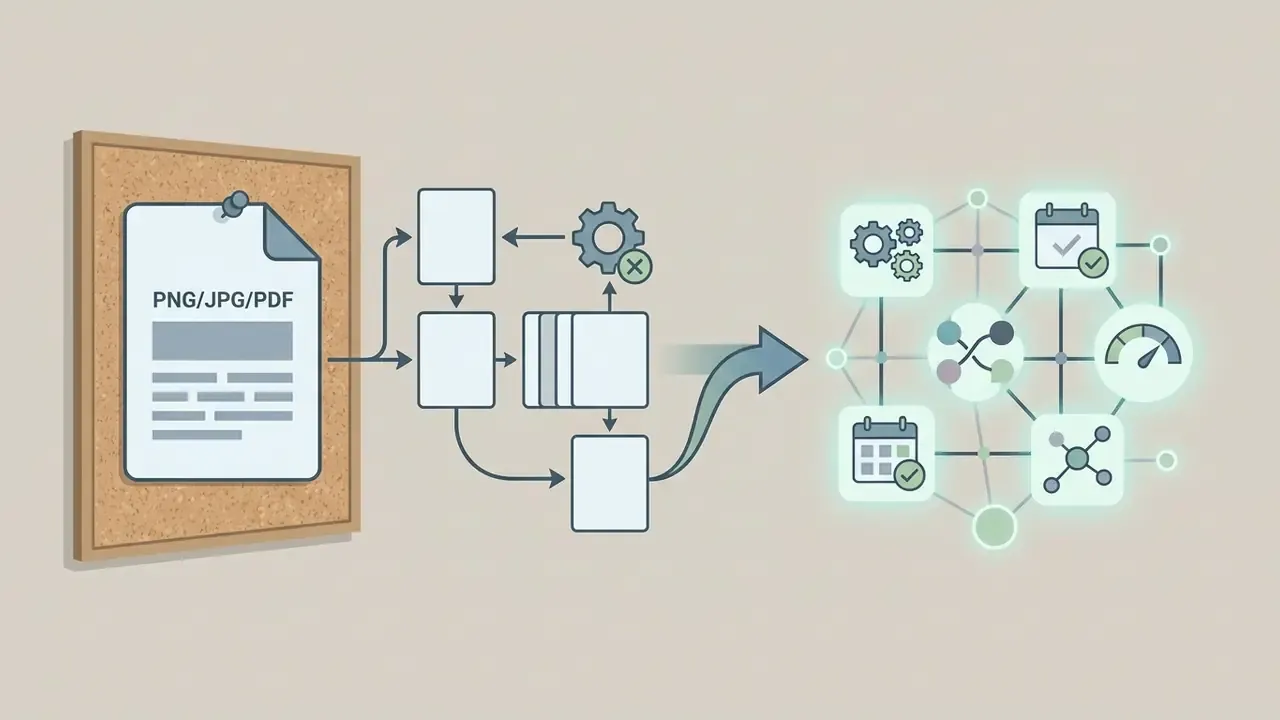Pinned document on a cork board transitioning through a process flow into a connected digital network