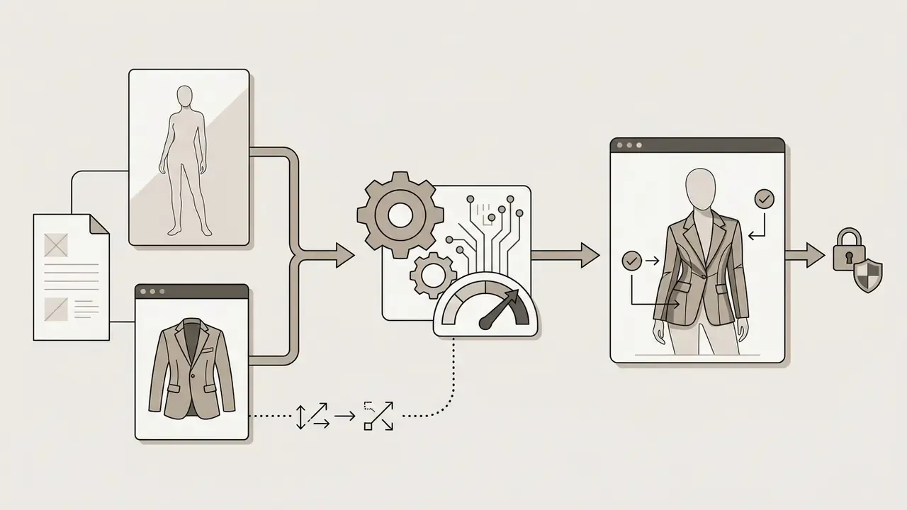 Workflow showing a person and a jacket being processed by a digital engine to create a virtual try-on output