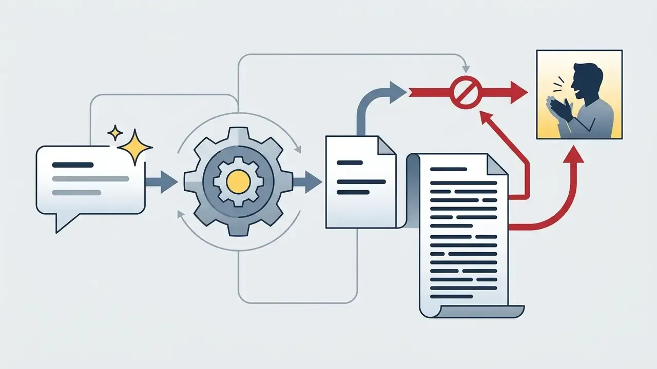 Speech bubble and gear mechanism processing text into a document that is blocked from reaching a user