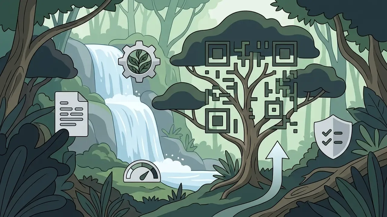 QR code shaped like a tree in a lush forest with waterfall and floating icons of a gear and shield
