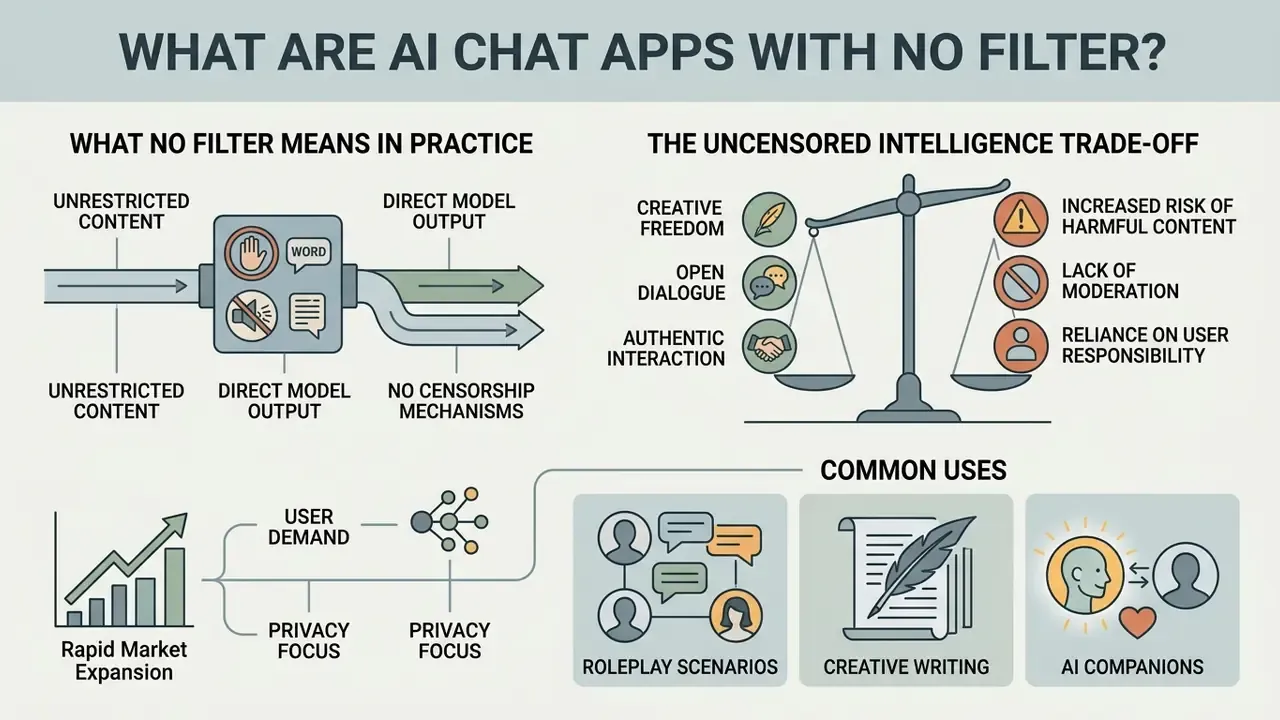 Infographic showing the mechanics, trade-offs, and common uses of AI chat apps with no filter