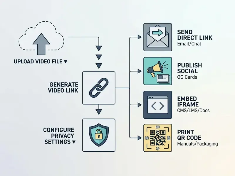 Process diagram showing steps to upload video online and distribute it through various digital channels