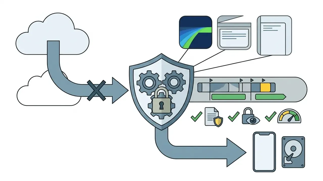 Blocked cloud connection leading to a protected shield icon connecting to local editing tools and storage