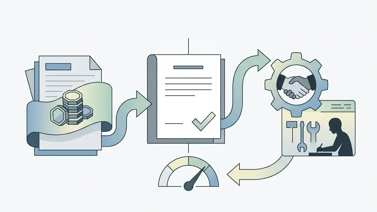 Coins and documents moving through a process to a handshake gear and a person working on a gauge