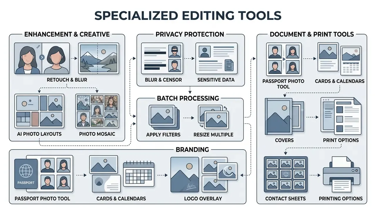 Infographic displaying various specialized editing functions for a Windows photo editor
