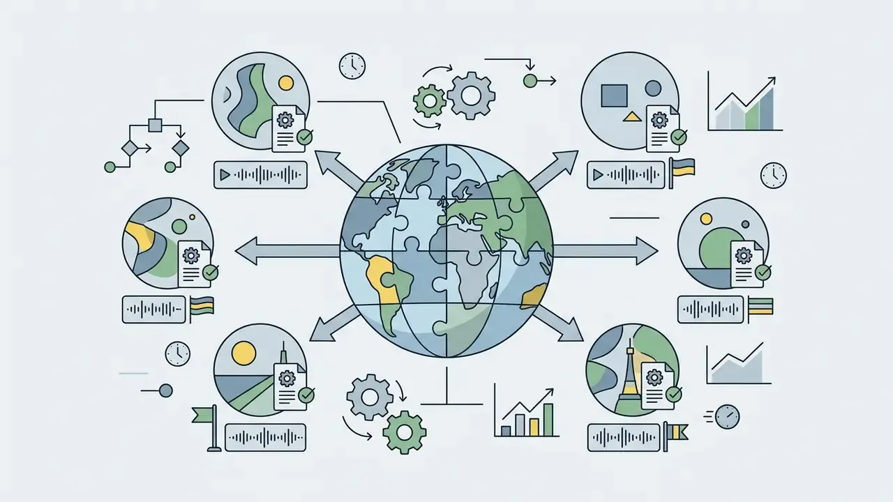 Central globe puzzle radiating audio wave icons and regional symbols for global marketing campaigns