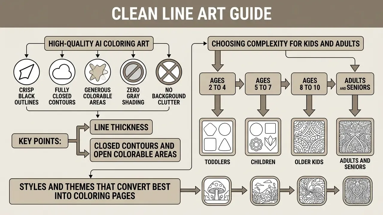 Infographic detailing design principles for coloring pages based on age groups and visual complexity