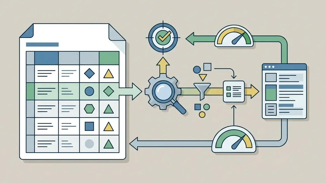 Data from a table passing through a magnifying gear and filter to reach a document with gauge feedback