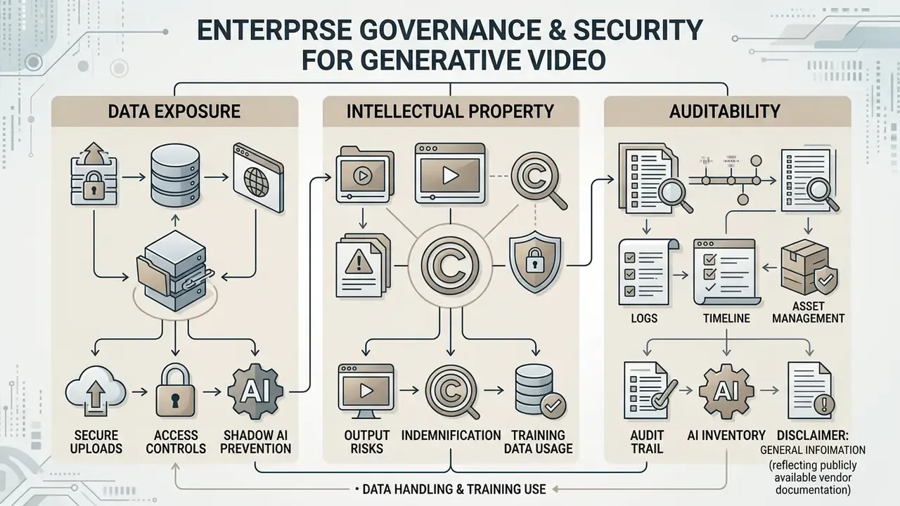 Infographic detailing risks and management strategies for generative video data and intellectual property