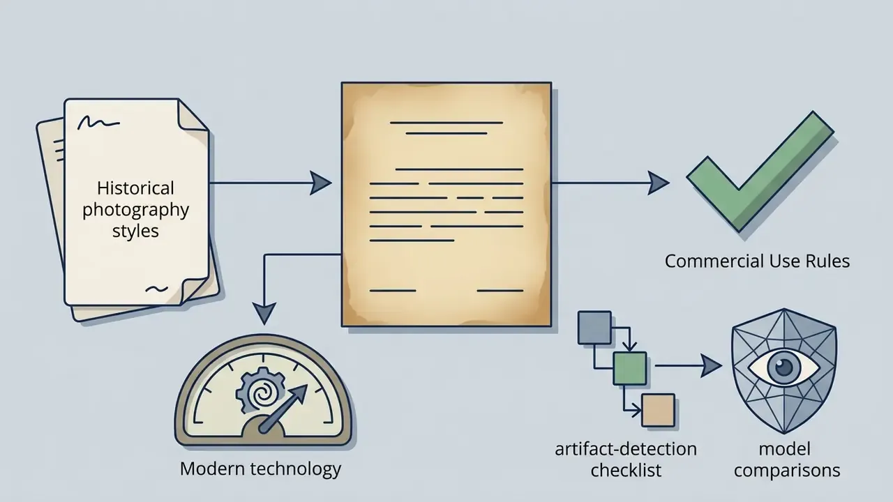 Process showing historical photography styles leading to commercial rules, technology gauges, and detection