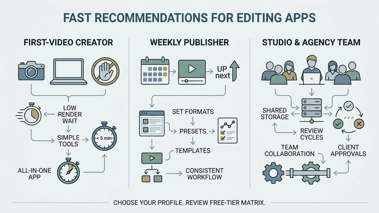 Infographic showing video editing workflows for individual creators, weekly publishers, and agency teams