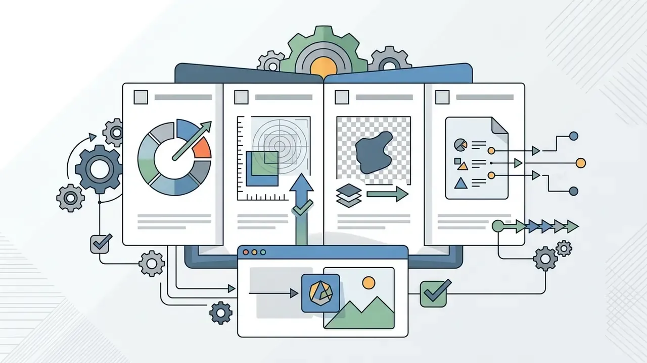 Open book displaying data charts, layer transparency, and file metadata icons connected by gears