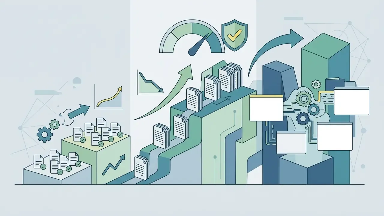 Documents moving along a stepped path toward a gear system and rising bar charts representing scale
