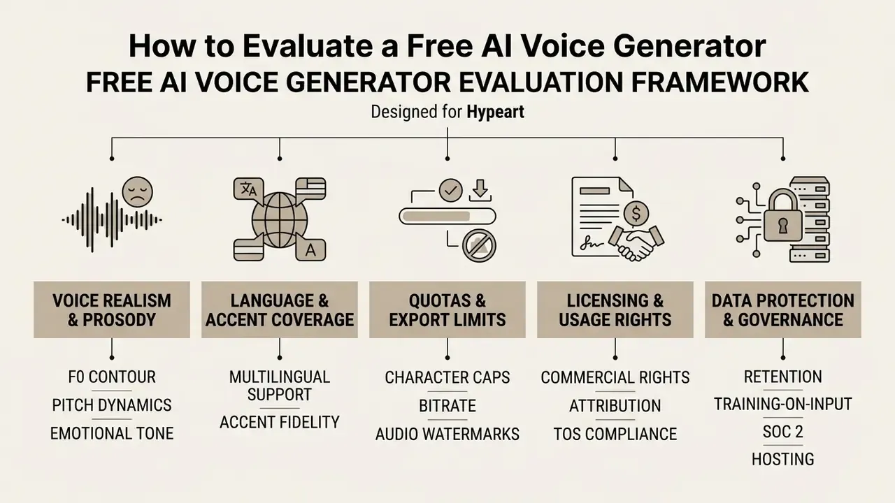 Diagram outlining five key criteria for evaluating an AI voice generator including realism, language, and security