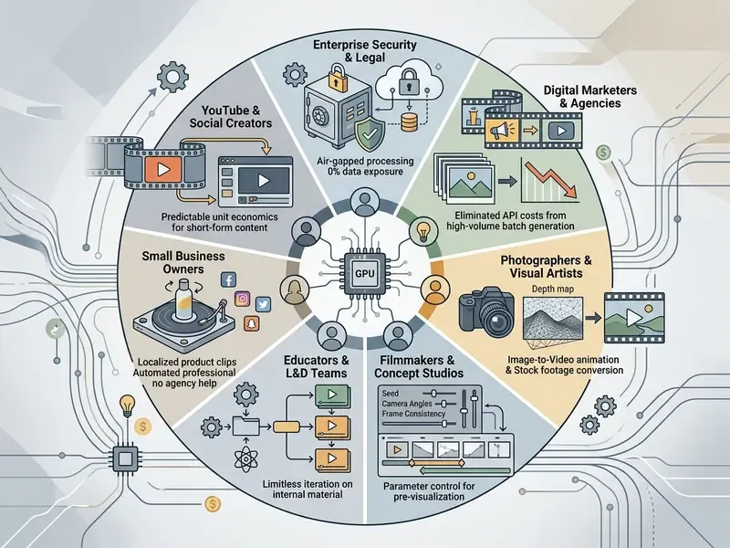 Circular diagram showing how various professional roles utilize GPU processing for specific video tasks