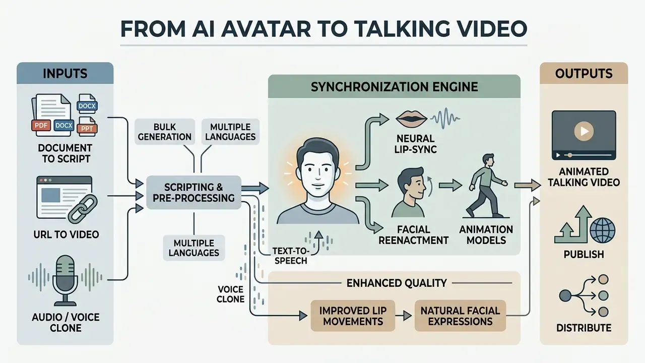 Diagram showing the workflow from document or audio inputs through a synchronization engine to video output