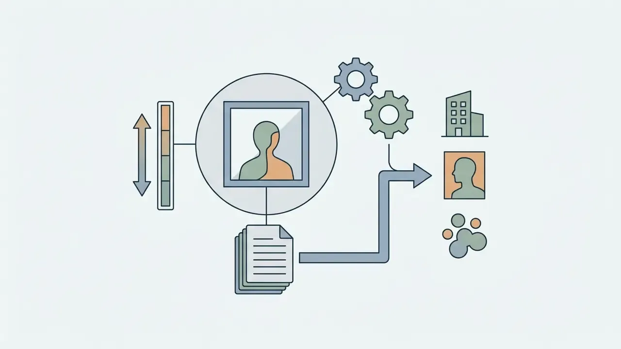 Central portrait icon connected to a slider, document stack, and gears leading to output icons
