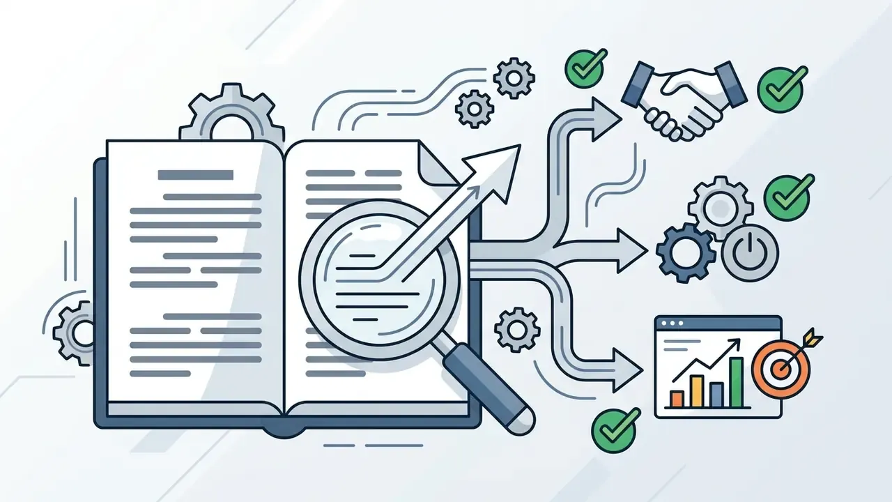 Open book with magnifying glass and arrows pointing to icons of a handshake, gears, and a data chart