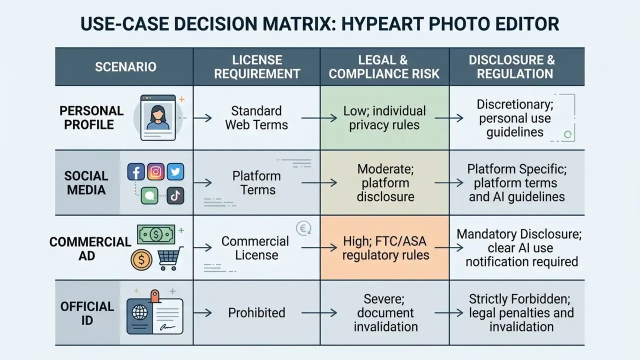 Matrix table mapping photo usage scenarios to license requirements and legal compliance risks