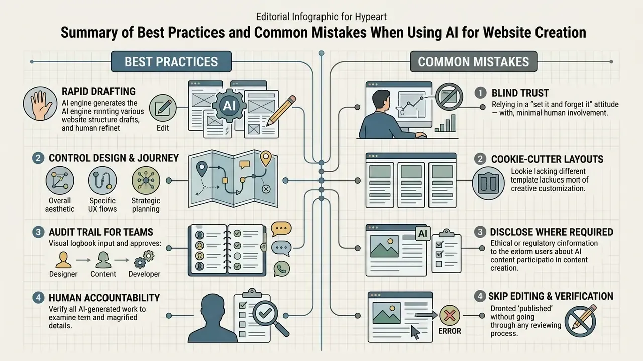 Comparison of best practices and common mistakes when using AI to create a website