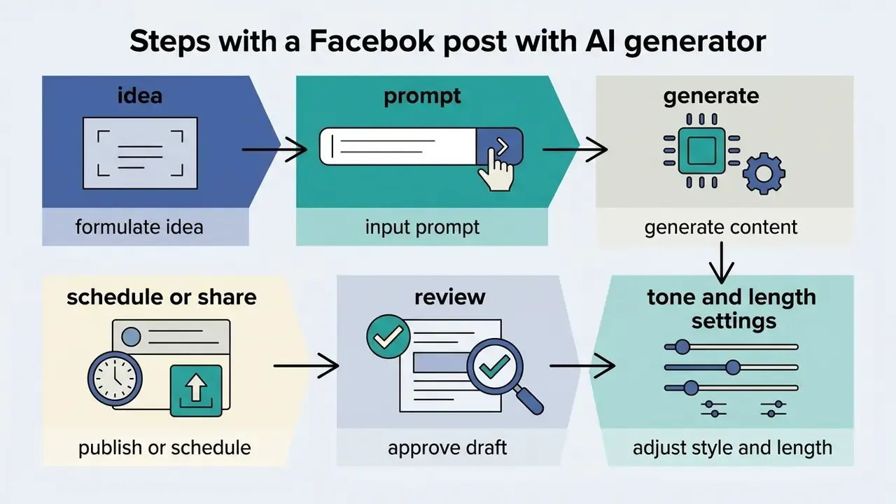 Flowchart displaying the sequence from idea and prompt to generating, adjusting, reviewing, and sharing content