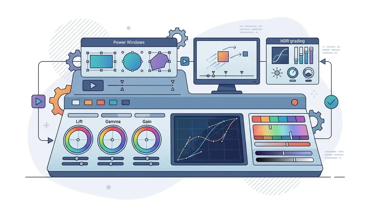Digital console showing color wheels, curves, and grading tools for professional video color correction