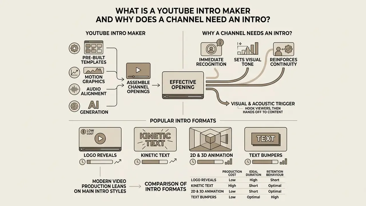 Infographic showing how a YouTube intro maker functions and the benefits of using various intro formats