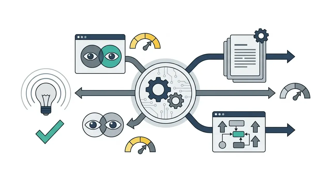 Central gear mechanism connecting lightbulb ideas and eye icons to document and workflow outputs